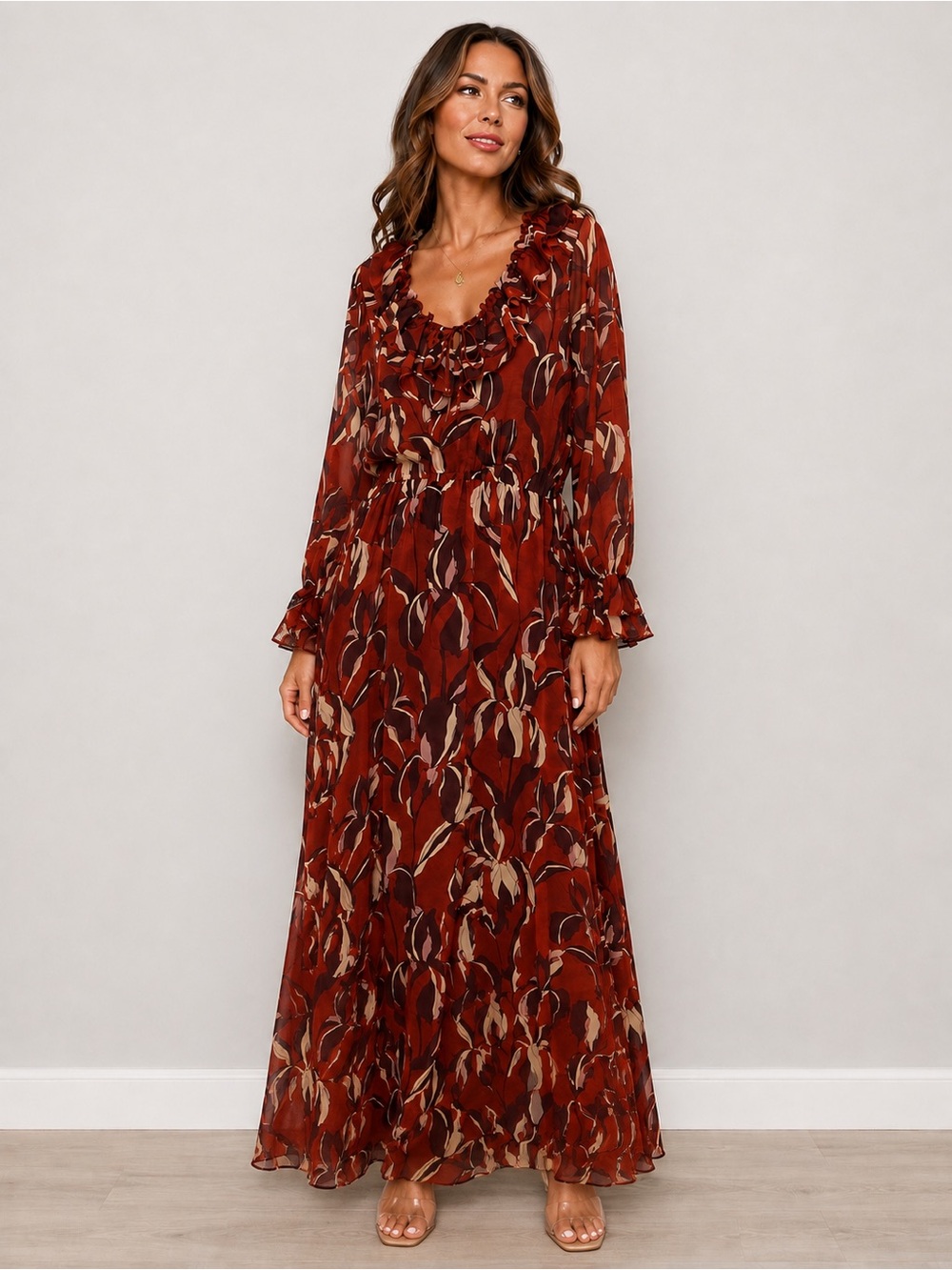 Steve Madden Boho Floral Ruffle Maxi Dress Women’s Large Rust Brown Long